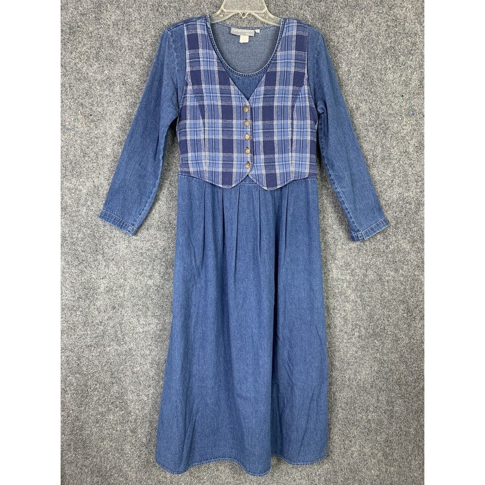 Carol Anderson Vintage Maxi Dress With Attached Button Vest Pockets Cotton Denim